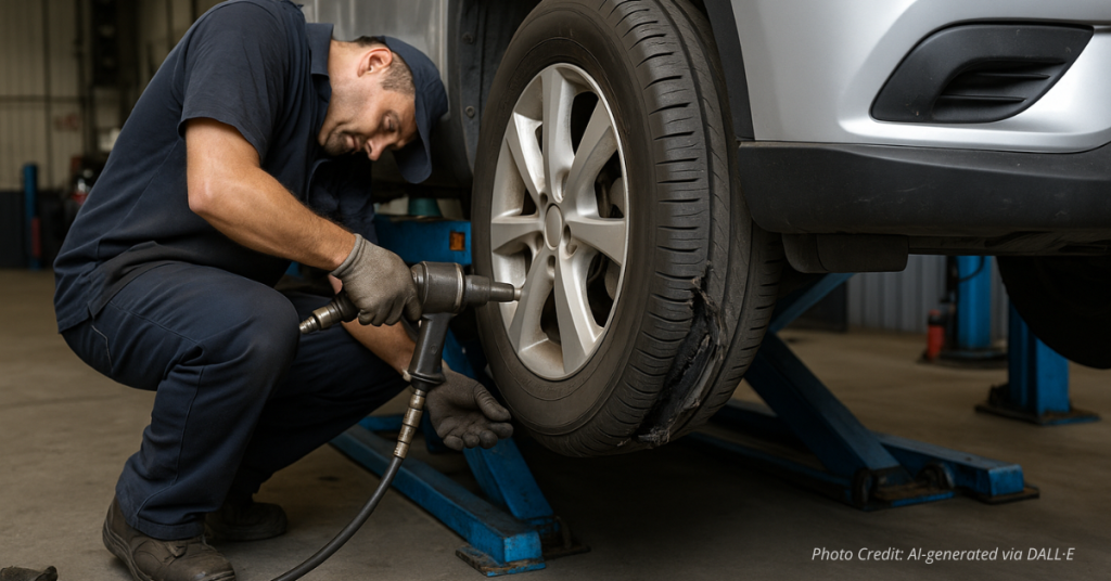Mechanic repairing tire symbolizing cost burden from vandalism