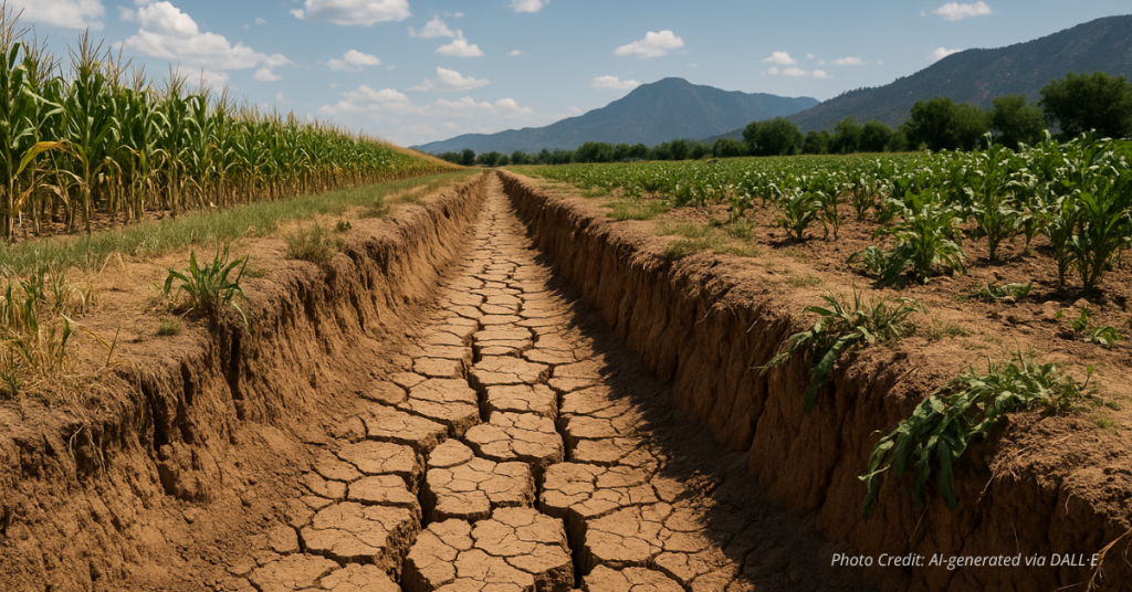 Empty irrigation ditch in Colorado farmland under blue sky