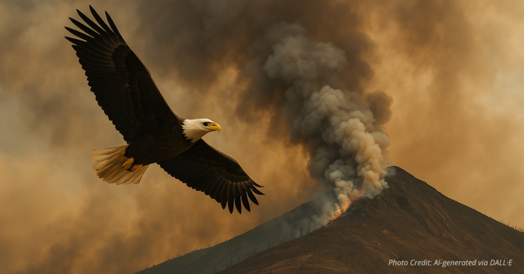 Eagle flying above smoky mountains after wildfire