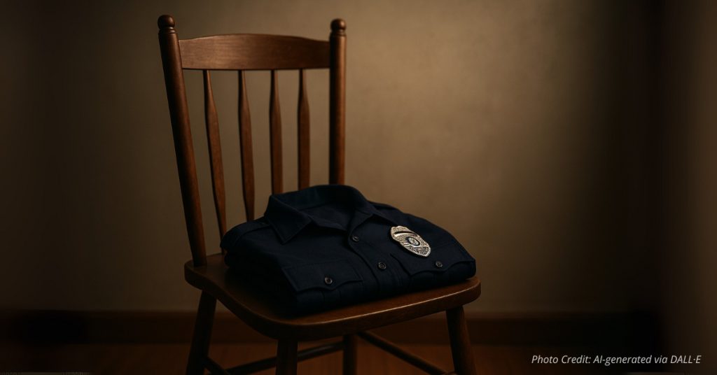 Empty chair with police uniform and badge symbolizing absence and legacy