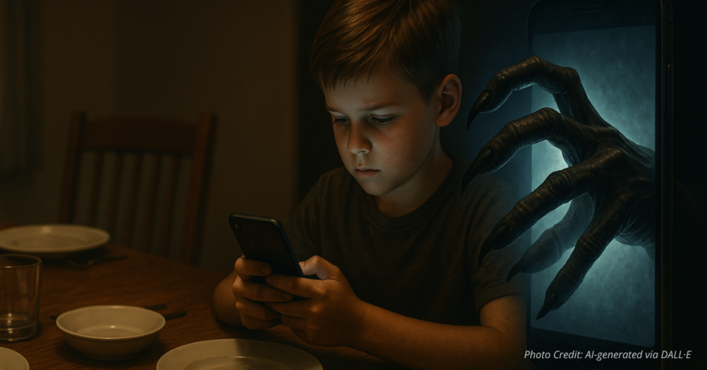 Predator hand reaching child’s phone at empty family table