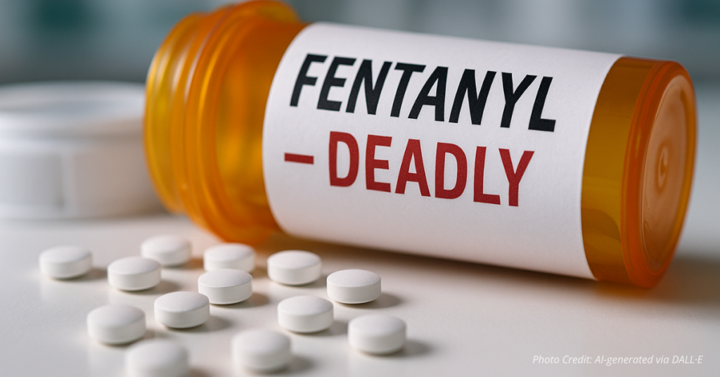 Spilled fentanyl pills with deadly warning label