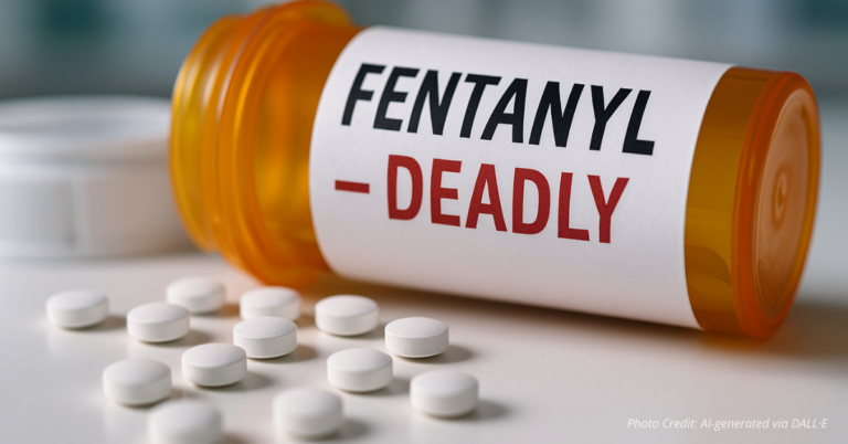Spilled fentanyl pills with deadly warning label