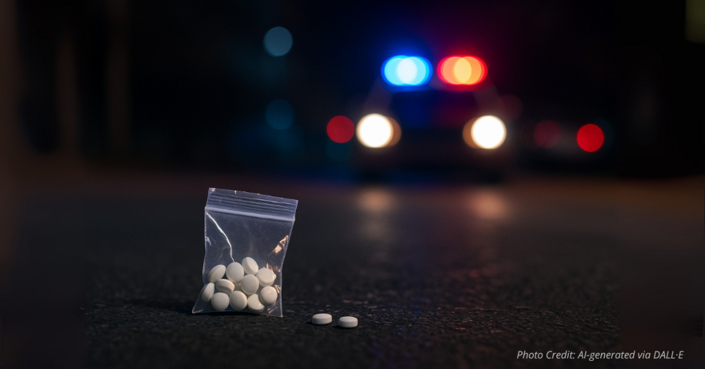 Fentanyl pills with blurred police lights in background highlight community threat