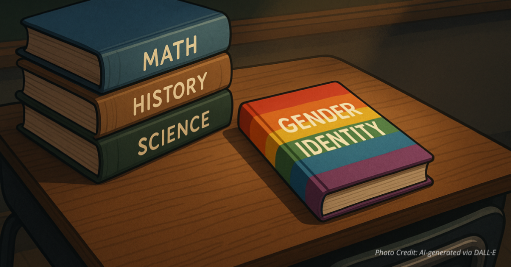 Student desk with textbooks and rainbow gender identity workbook