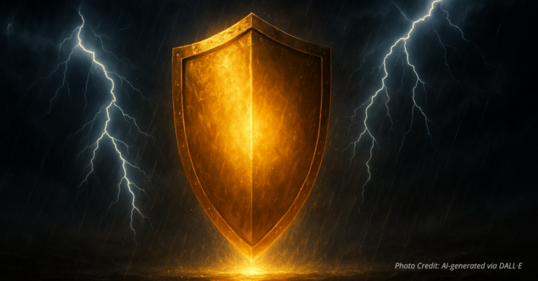 Golden shield glowing in storm, symbol of faith and protection