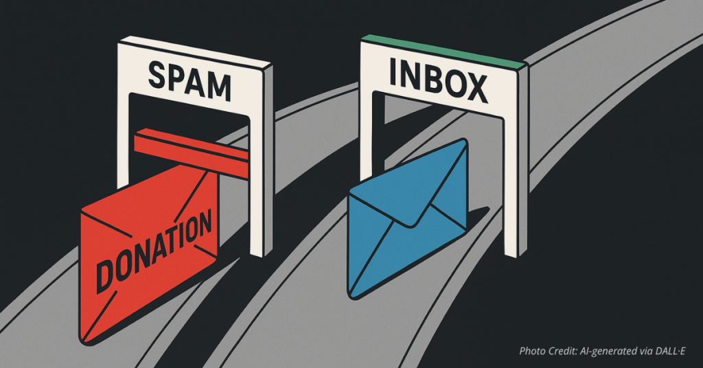 Red donation email blocked at spam gate while blue email passes inbox gate