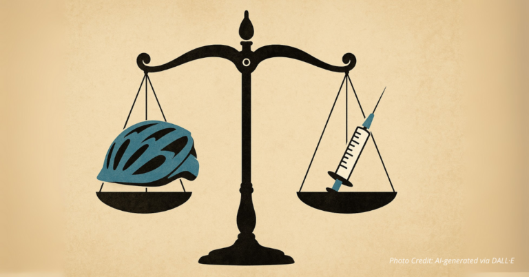 Scale balancing a bike helmet and syringe to show policy conflict