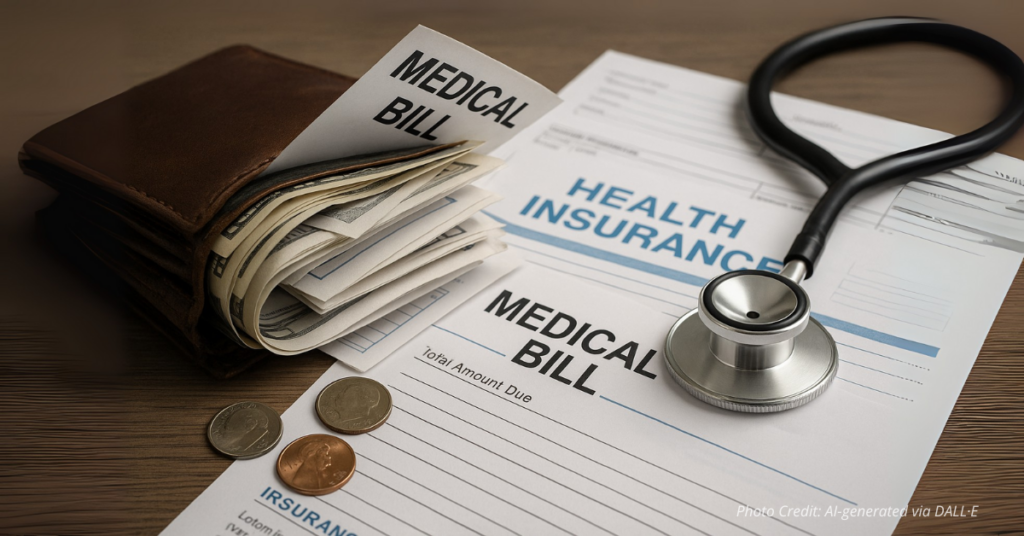 Wallet overflowing with medical bills and a stethoscope beside it