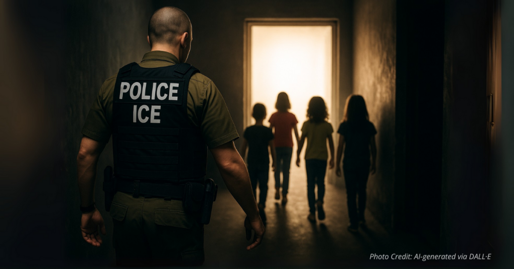ICE officer leading children out of danger into safety