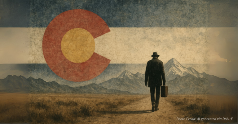 Lone figure leaving Colorado flag with suitcase