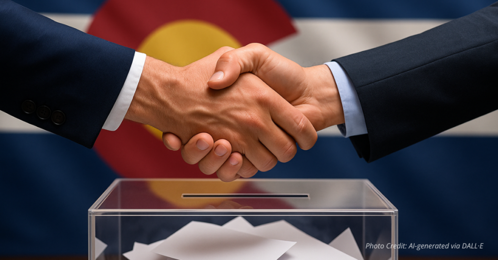 Handshake across ballot box with Colorado flag background
