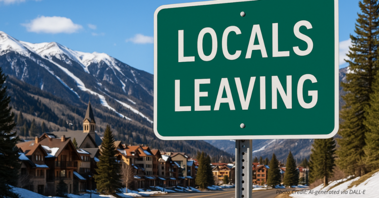 Road sign saying 'Locals Leaving' at edge of Colorado resort town