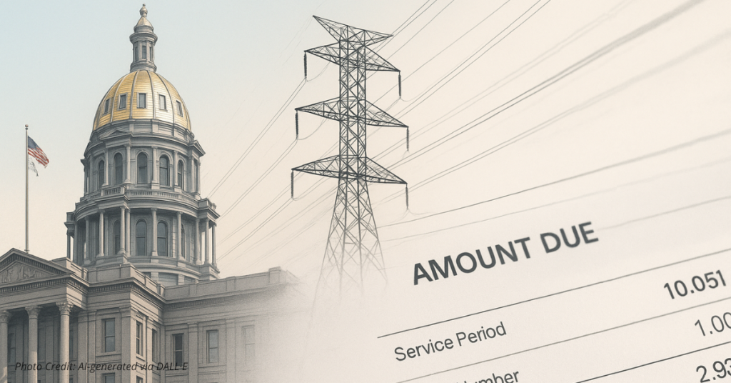 Colorado Capitol fading into power lines and a utility bill to show a law driving costs