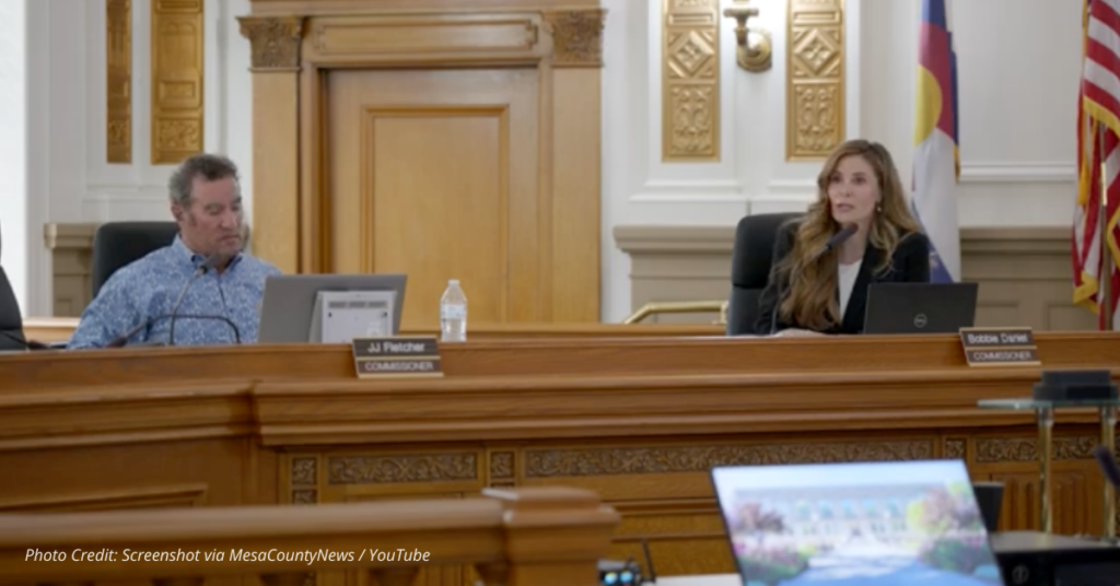 JJ Fletcher and Bobbie Daniel seated at the Mesa County commissioners’ dais during August 5, 2025 hearing