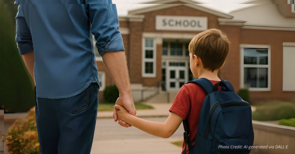 Parent holding child’s hand in front of school symbolizing safety concerns