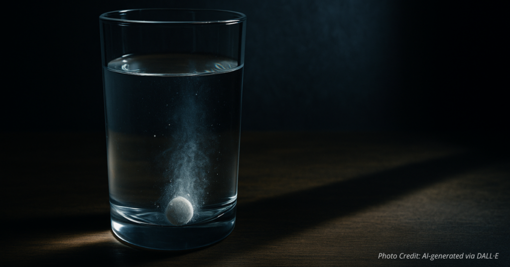 Glass of water with dissolving pill symbolizing hidden abortion drug use