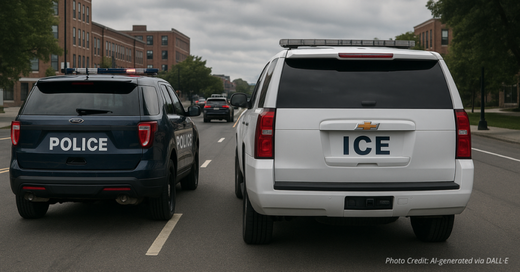 Police and ICE vehicles side by side symbolizing unity