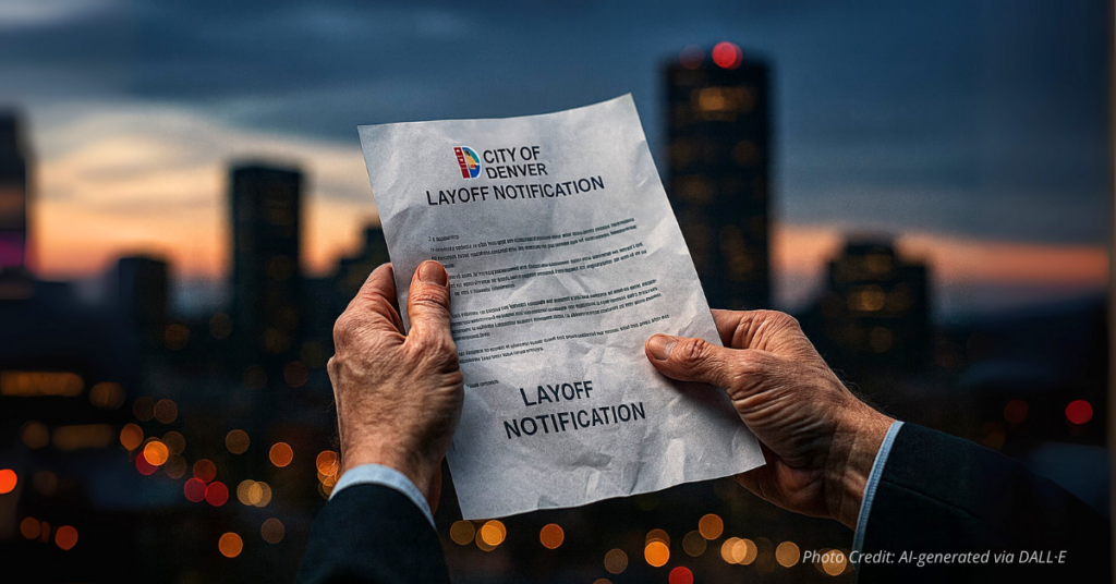 Hand holds layoff notification with Denver skyline blurred behind; symbolizes individual impact