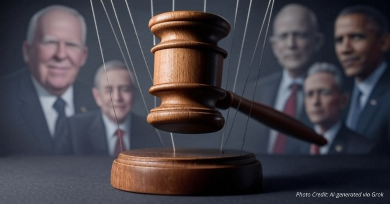 Gavel entangled in puppet strings, symbolizing manipulation of justice.