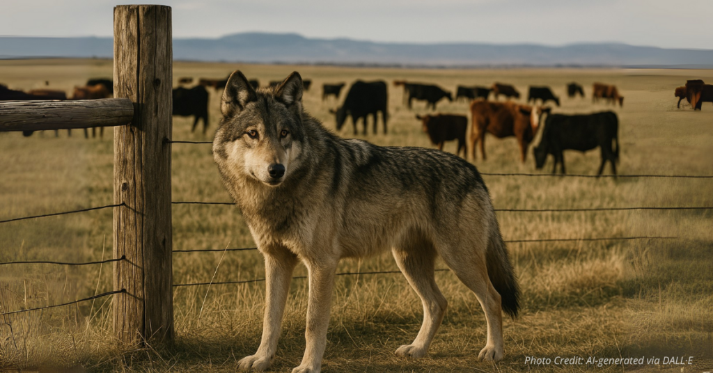 Wolf near ranch fence with cattle in background