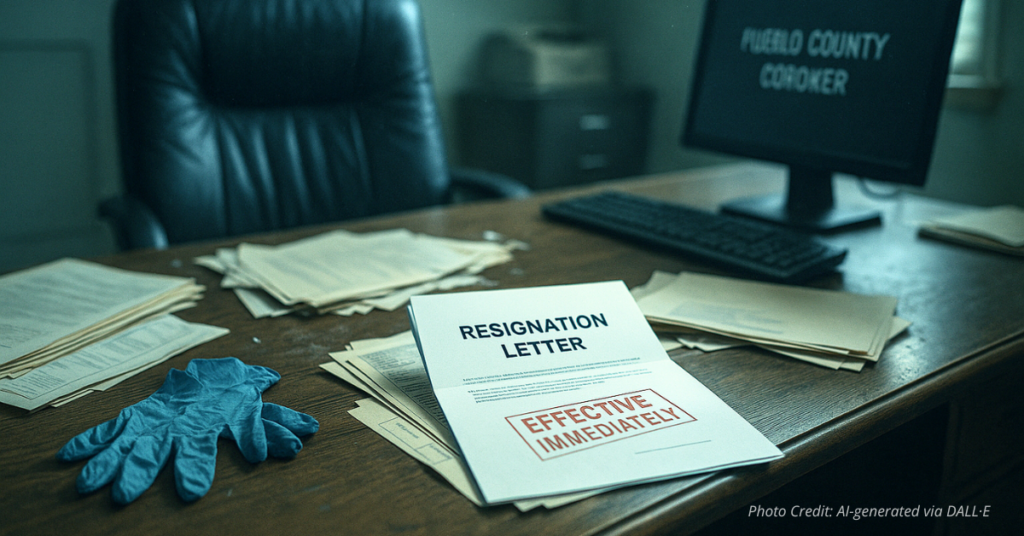 Empty desk with resignation letter in Pueblo coroner’s office.