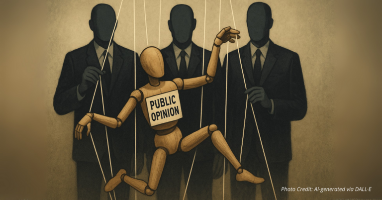 Marionette labeled public opinion controlled by hidden hands
