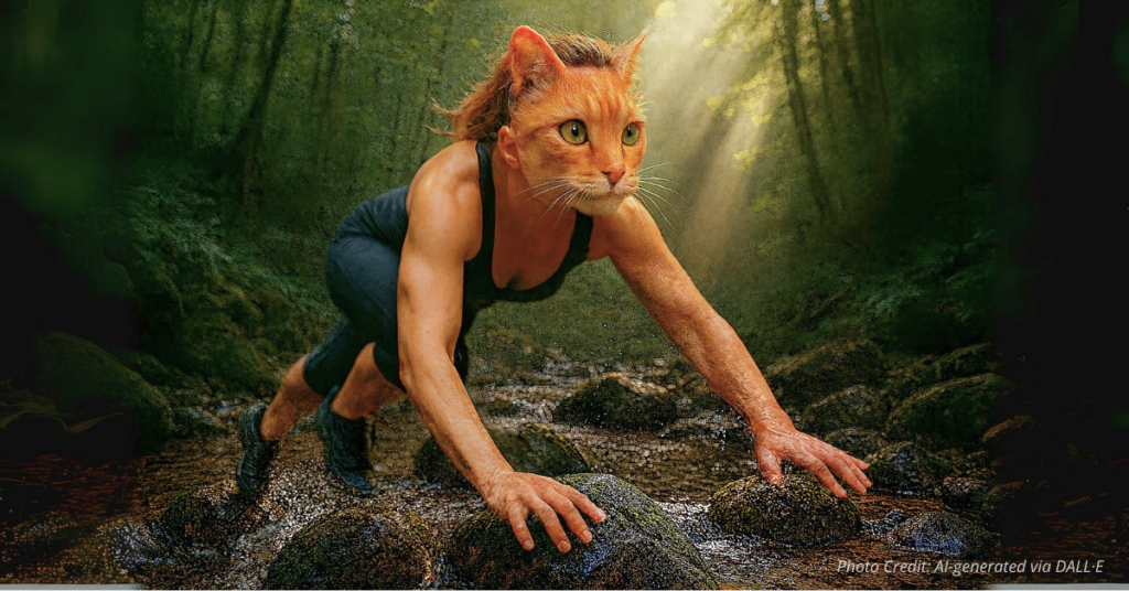 Woman in cat mask doing quadrobics on rocks in a forest stream