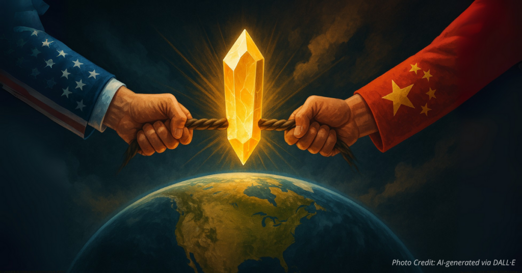 U.S. and China hands pulling on embedded rare earth crystal