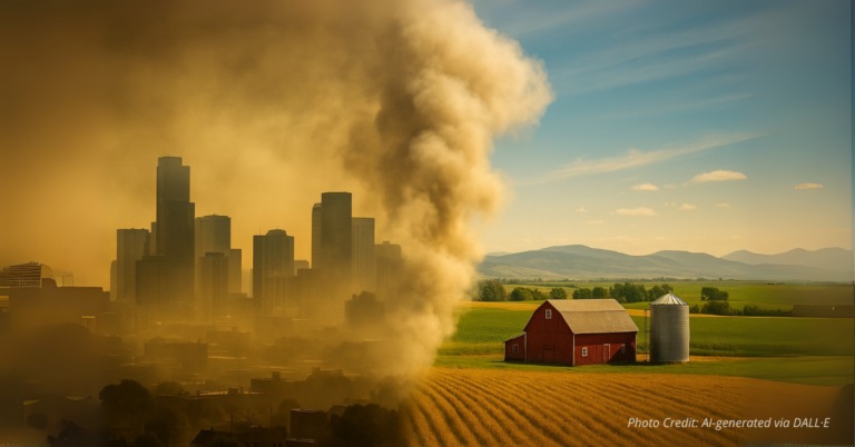 Smog from city skyline drifting into rural Colorado farm