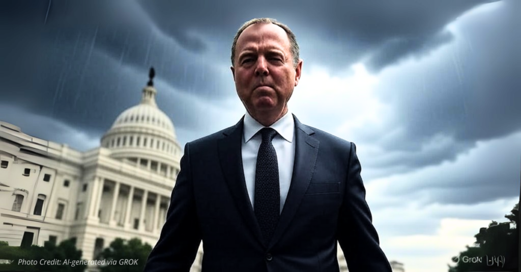 Adam Schiff Politician walking away from Capitol under storm clouds