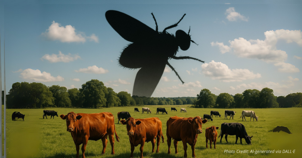 Fly shadow over cattle representing parasite threat