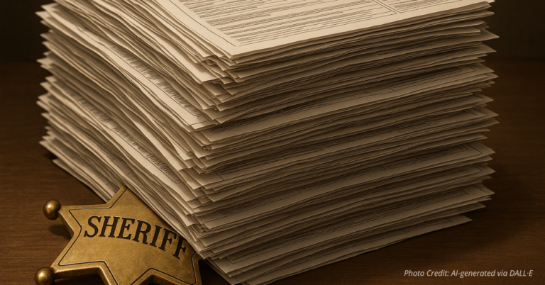 Sheriff badge weighed down by stacks of government forms