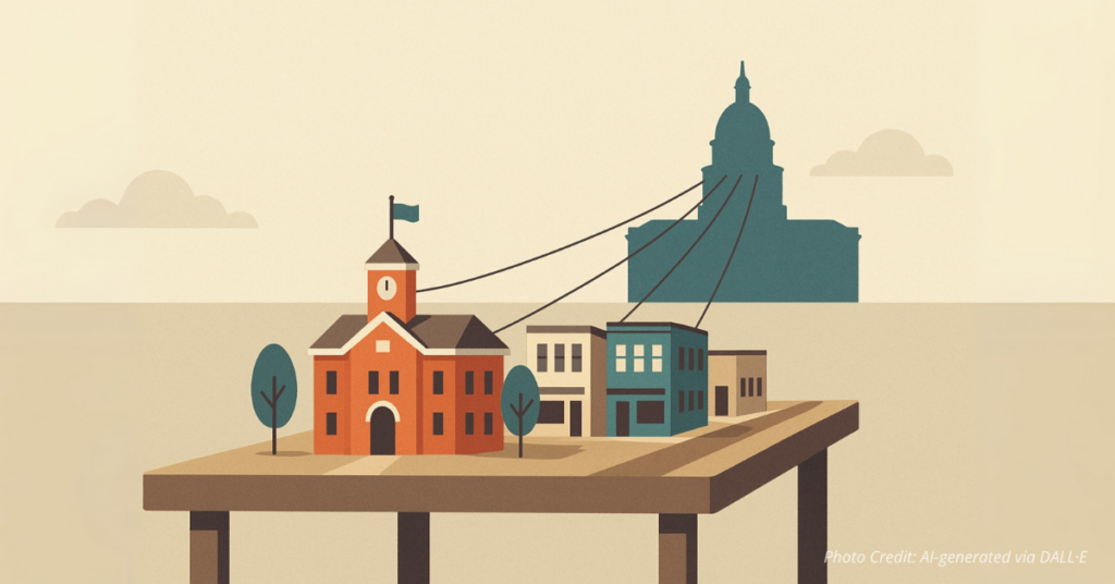 Town hall with strings pulled by a distant statehouse