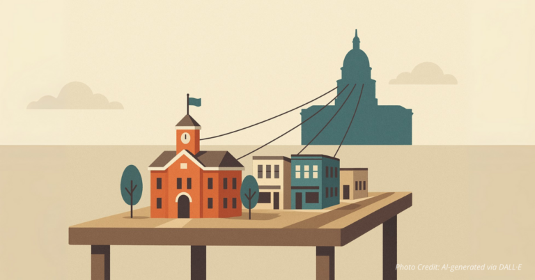 Town hall with strings pulled by a distant statehouse