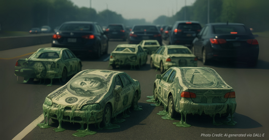 Cars in traffic made of dollar bills melting, symbolizing auto expenses draining family income