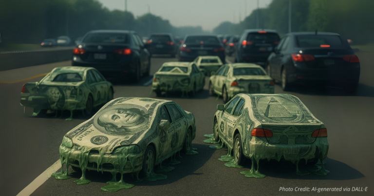 Cars in traffic made of dollar bills melting, symbolizing auto expenses draining family income