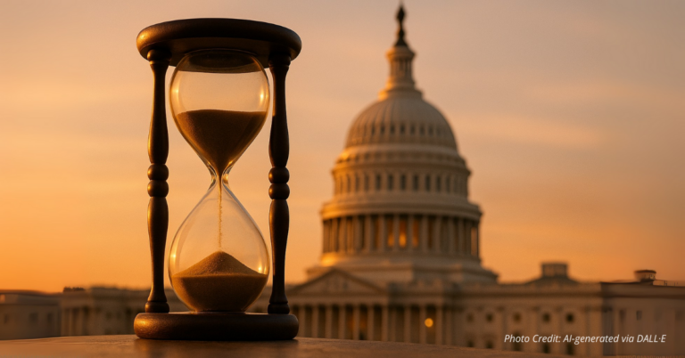 Hourglass running in front of Capitol dome at sunrise