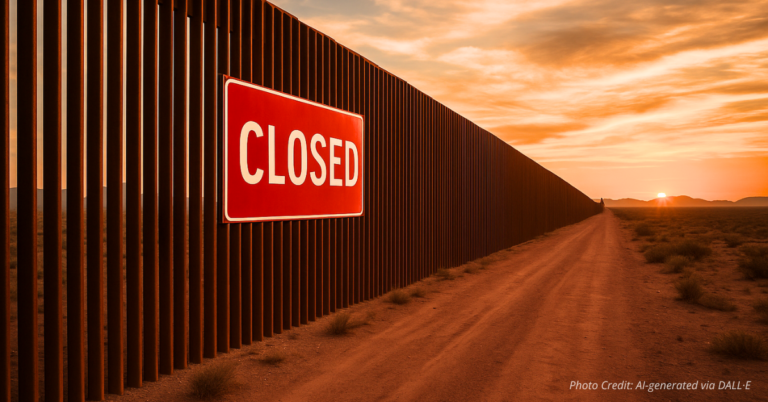 U.S.-Mexico border fence with “Closed” sign