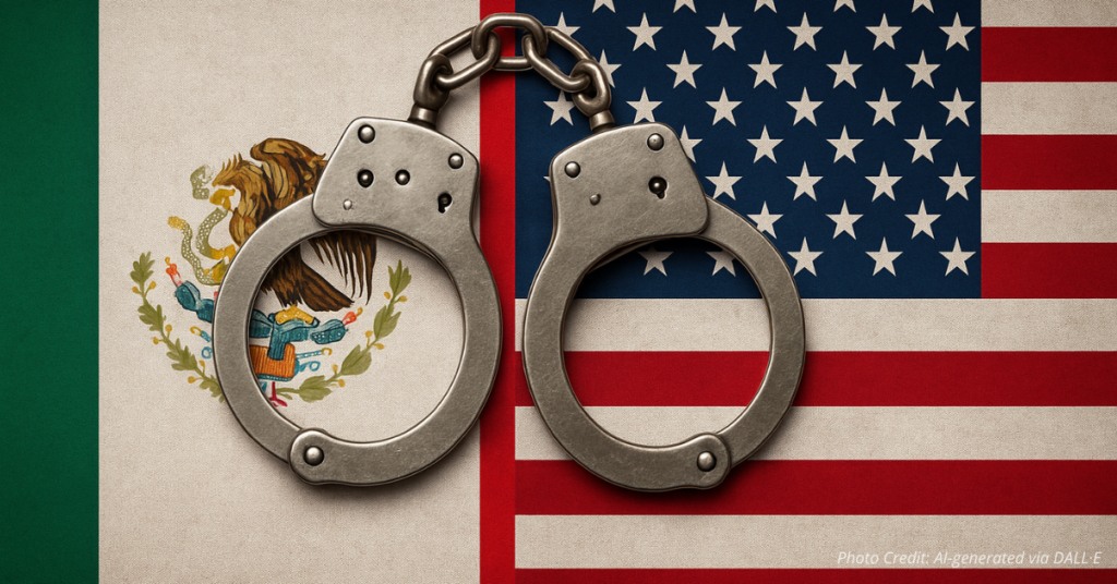 US and Mexican flags split by handcuffs symbolizing extradition