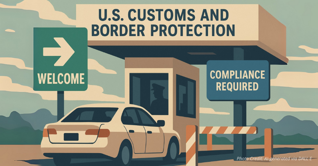 Border checkpoint with welcome and compliance signs