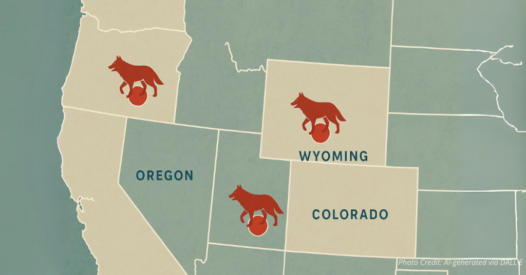 Map with wolf sightings across Oregon, Wyoming, and Colorado