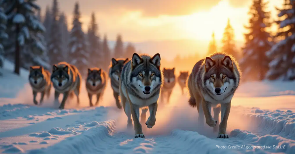 Pack of wolves trekking snowy Colorado mountains.