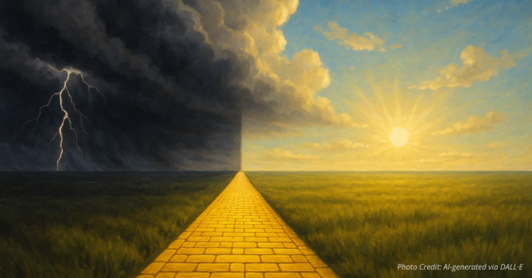 Yellow brick road leading between storm and sunlight