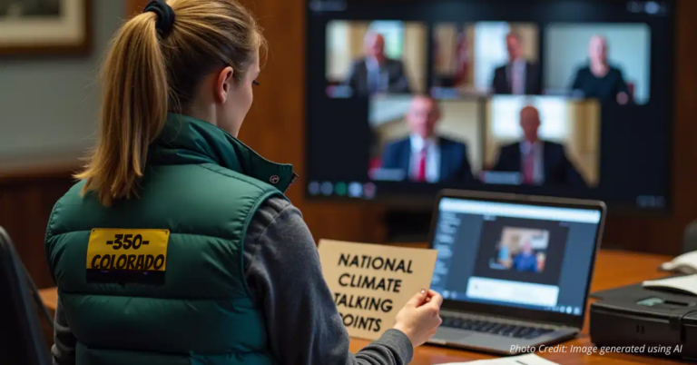 Woman from “350 Colorado” sign with Zoom call of lobbyists and binder labeled National Climate Talking Points