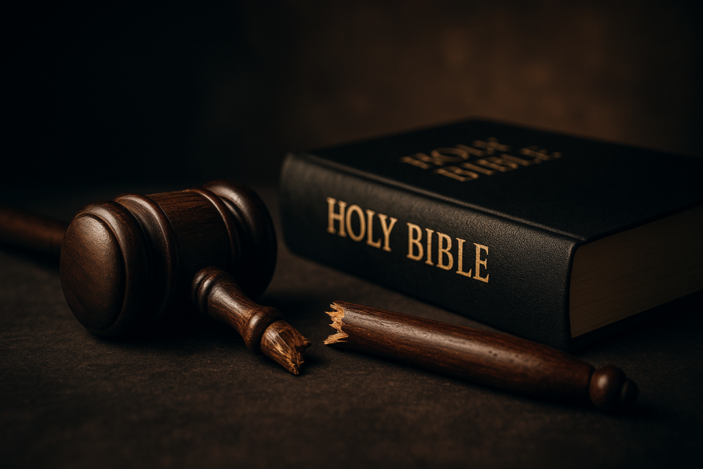 Broken gavel beside Bible symbolizing politics overriding prayer and faith