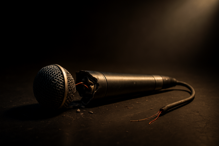 Broken microphone under spotlight symbolizing Charlie Kirk’s silenced voice