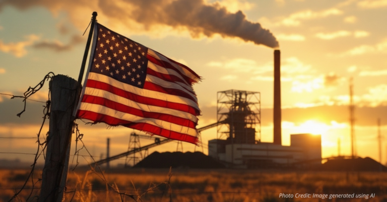 American flag waving in front of coal power plant
