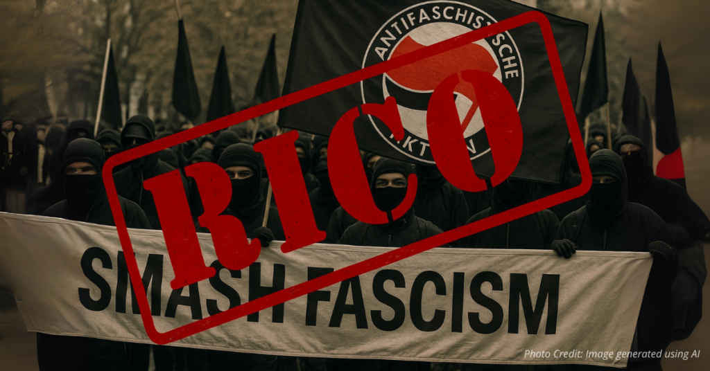 Protest march with bold RICO stamp overlay