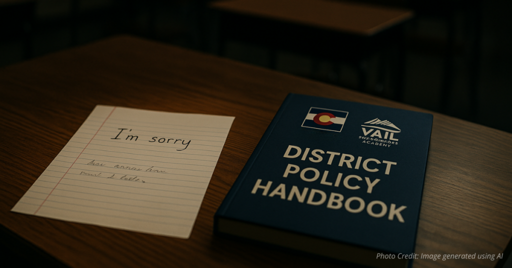 Apology note beside school policy book on teacher’s desk